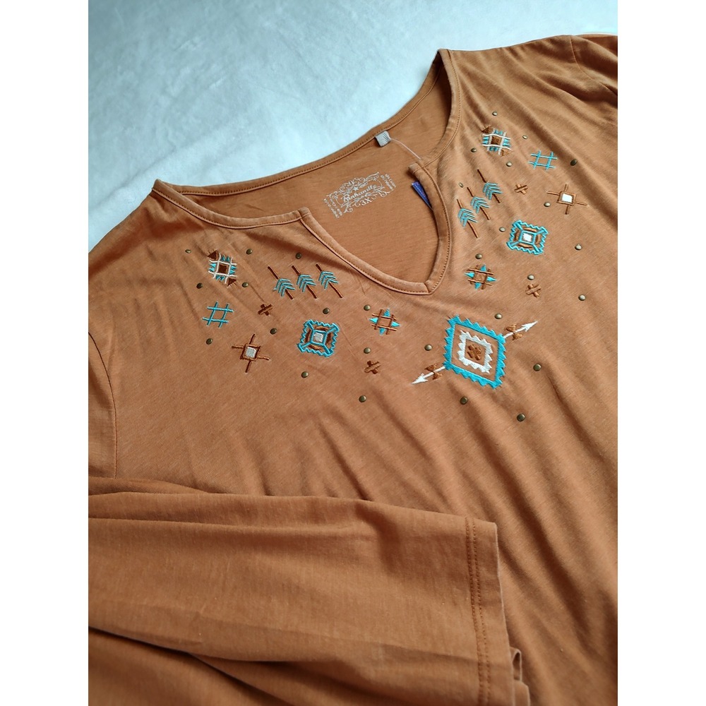 Panhandle 3X Brown Embroidered Bell Sleeve V-Neck Top Women's‎ Boho Western